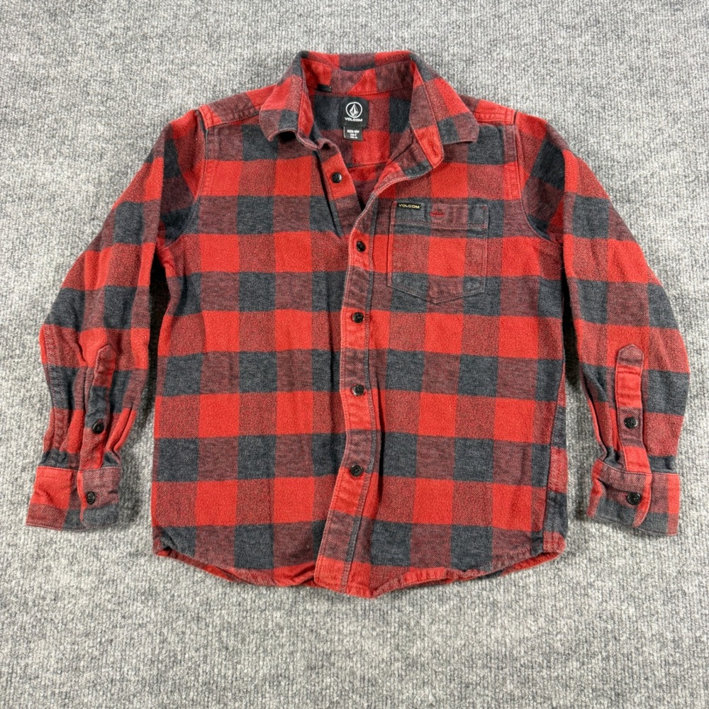Volcom Plaid Flannel Shirt Cotton Red Grey Youth Size S Skater Grunge Gorpcore